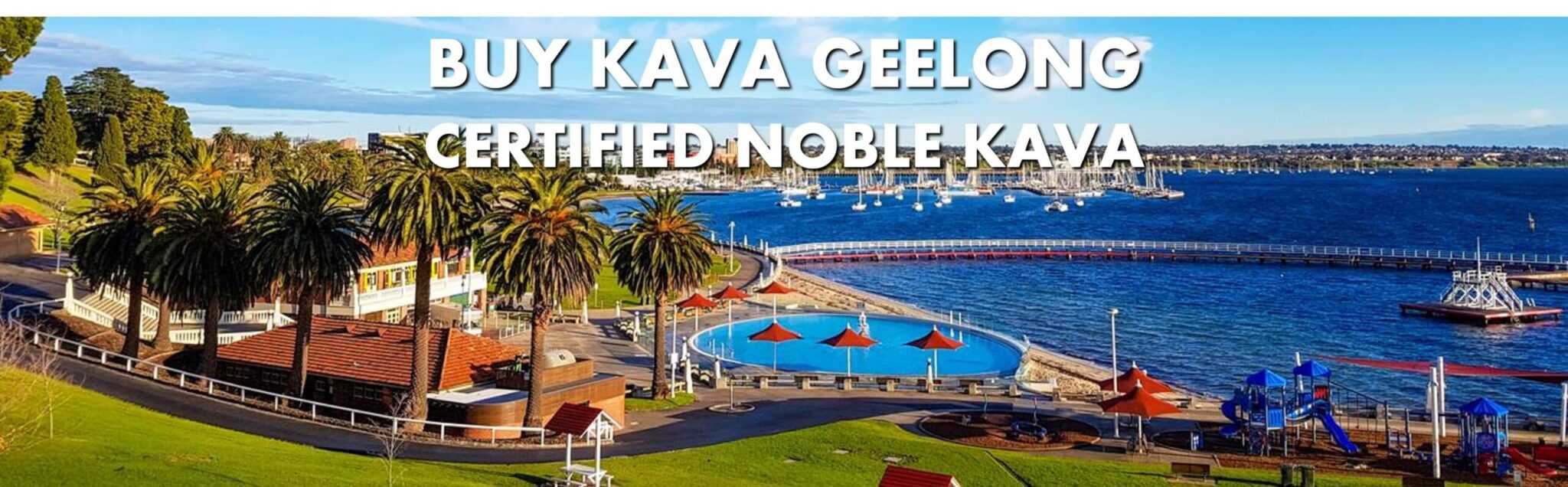 Seaside boardwalk in Geelong Victoria with caption Buy Kava Geelong Certified Noble Kava
