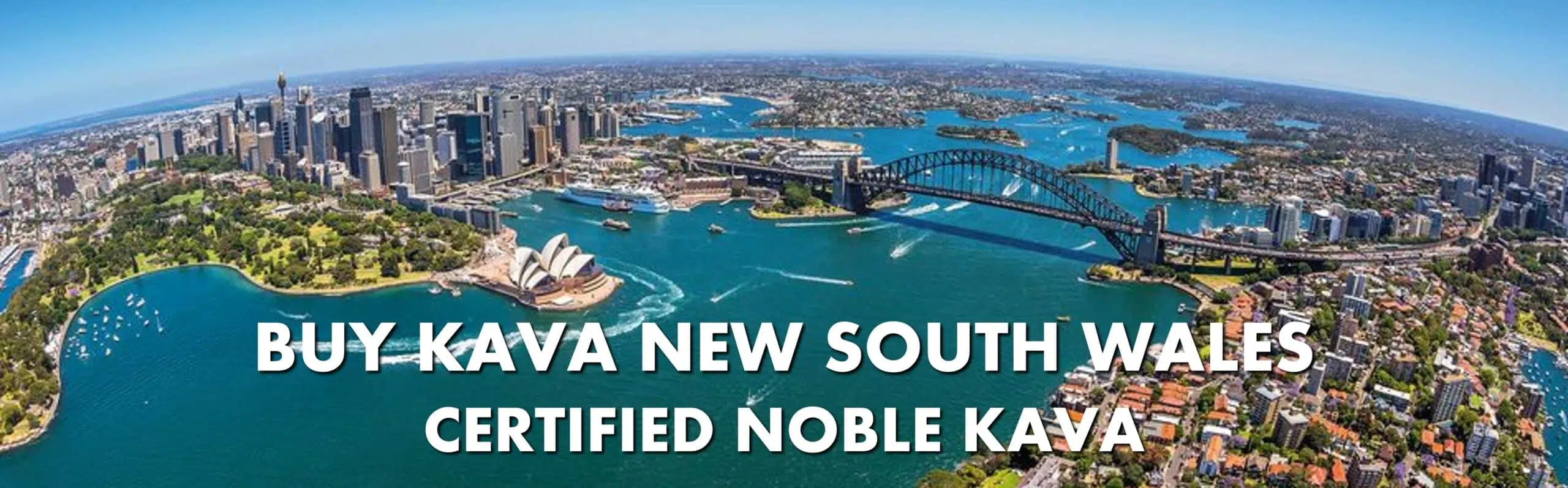 Birds eye view of Sydney Harbour New South Wales with caption Buy Kava New South Wales