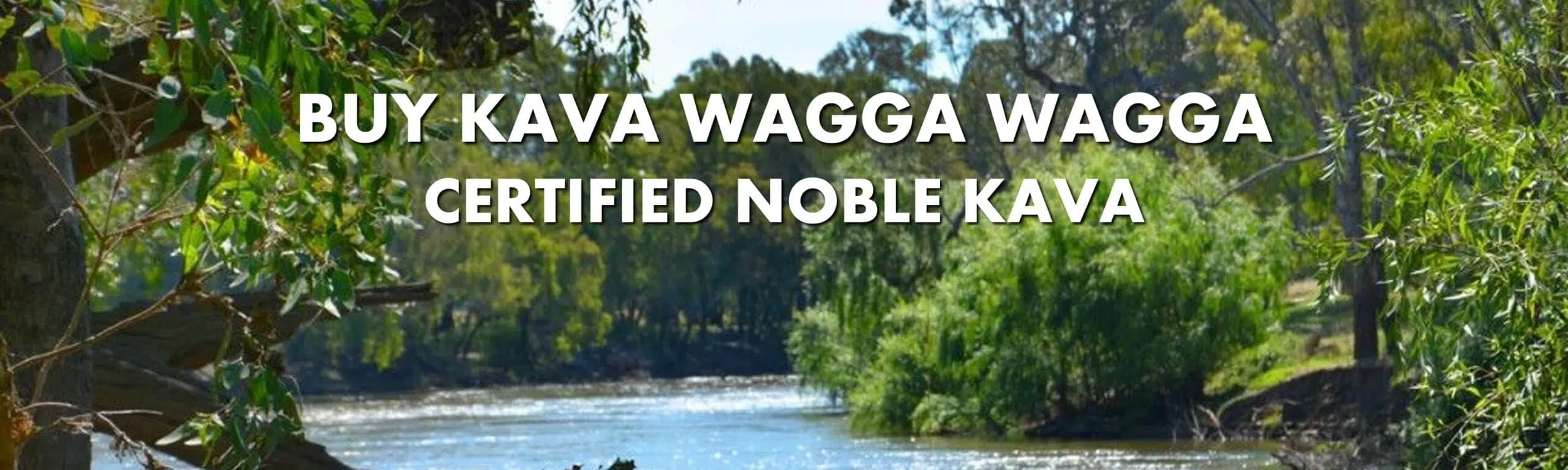 Murrumbidgee River scene near Wagga Wagga New South Wales with caption Buy Kava Wagga Wagga Certified Noble Kava