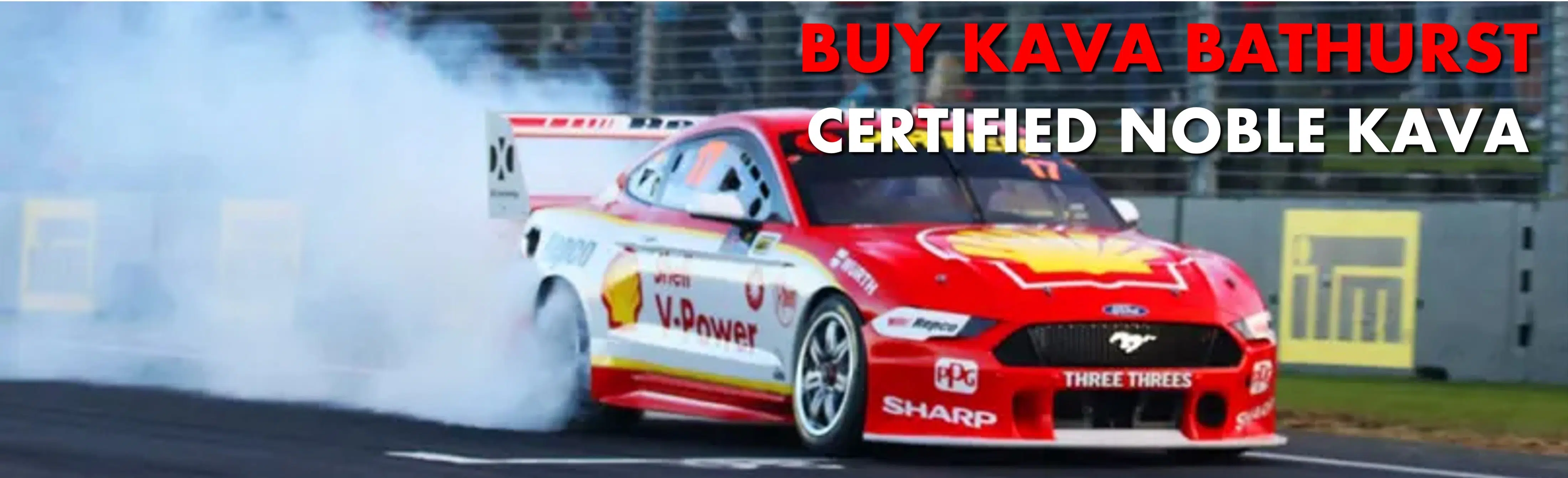 Racing Car in Bathurst 1000 with caption Buy Kava Bathurst Certified Noble Kava
