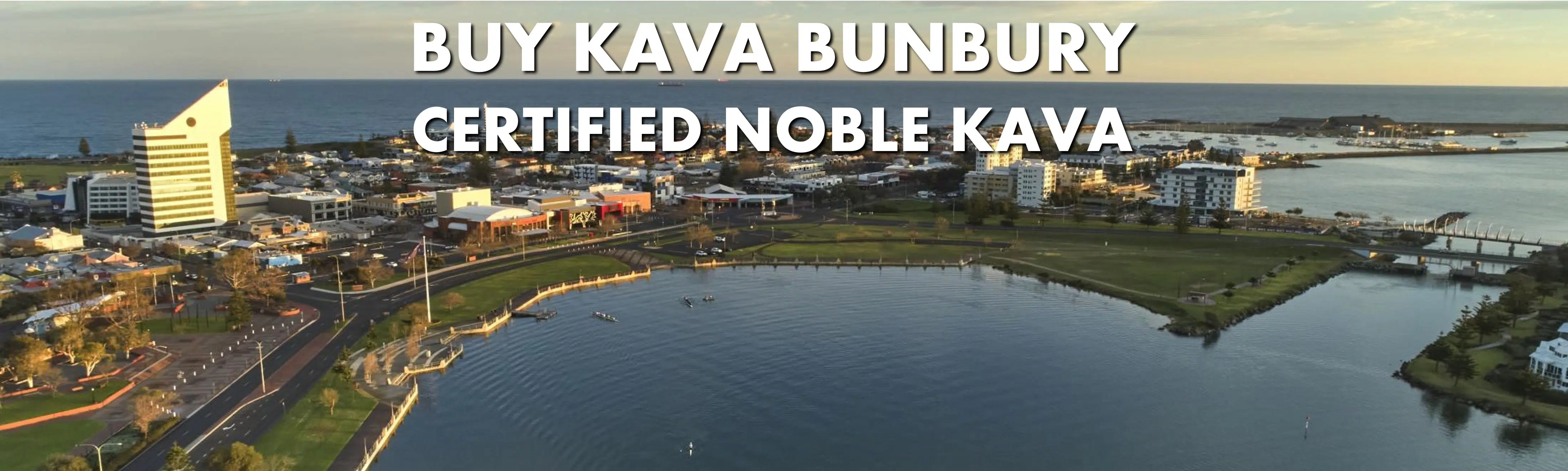Aerial view of Bunbury with caption Buy Kava Bunbury Certified Noble Kava