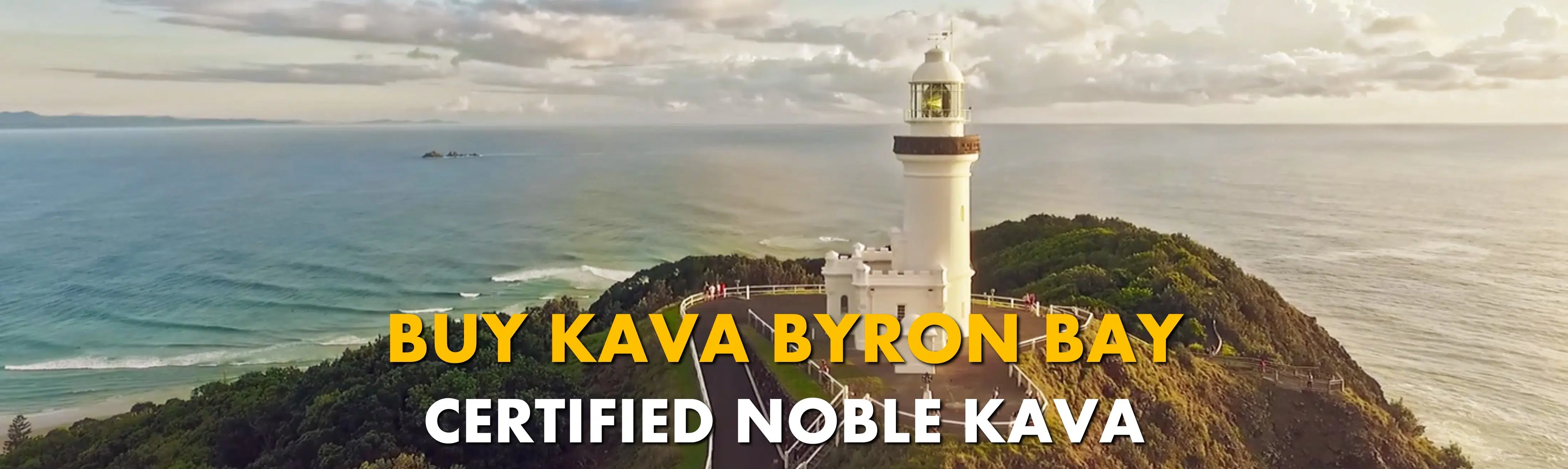Lighthouse in Byron Bay New South Wales with caption Buy Kava Byron Bay Certified Noble Kava