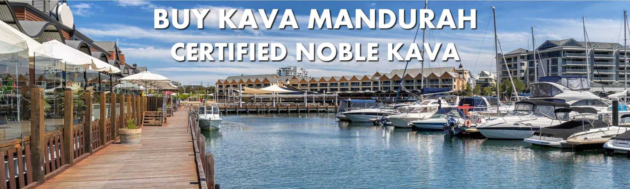 Marina in Mandurah Western Australia with caption Buy Kava Mandurah Certified Noble Kava