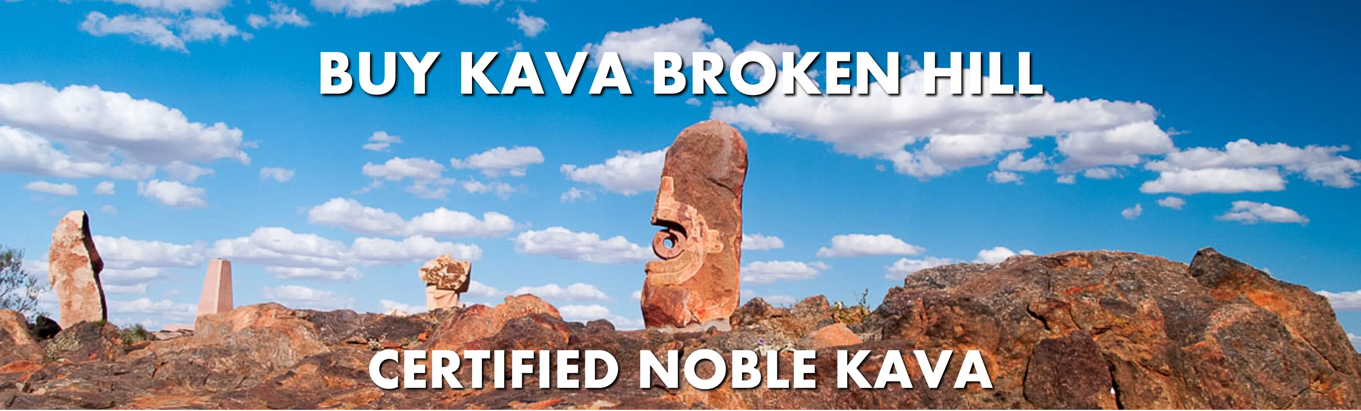 Statues near Broken Hill New South Wales with caption Buy Kava Broken Hill Certified Noble Kava
