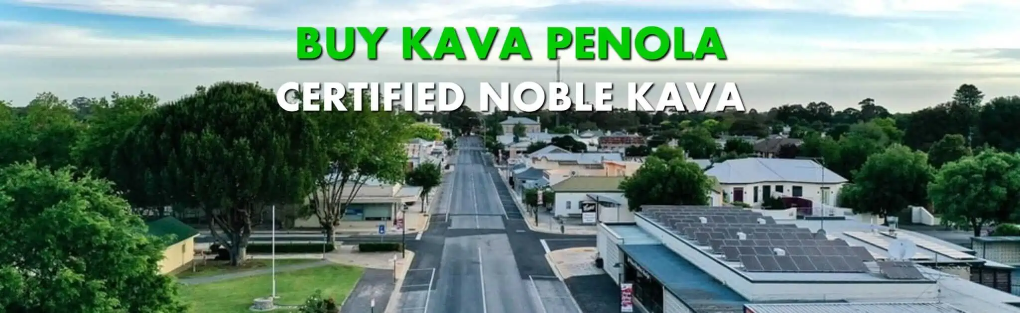 Overhead street scene in Penola South Australia with caption Buy Kava Penola Certified Noble Kava