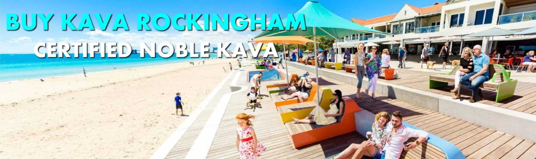 Beach scene in Rockingham Western Australia with caption Buy Kava Rockingham Certified Noble Kava